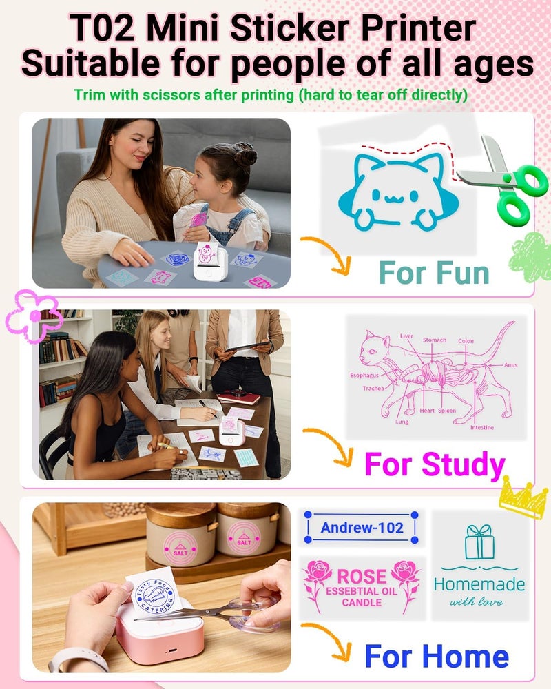 Memoking Sticker Printer - T02 Mini Printer Print Pods Portable Thermal Label Maker, Sticker Maker Machine Pocket Memo Receipt Printer for Study Graphics, Anatomical Diagrams, Journal, DIY, Gift - Image 2